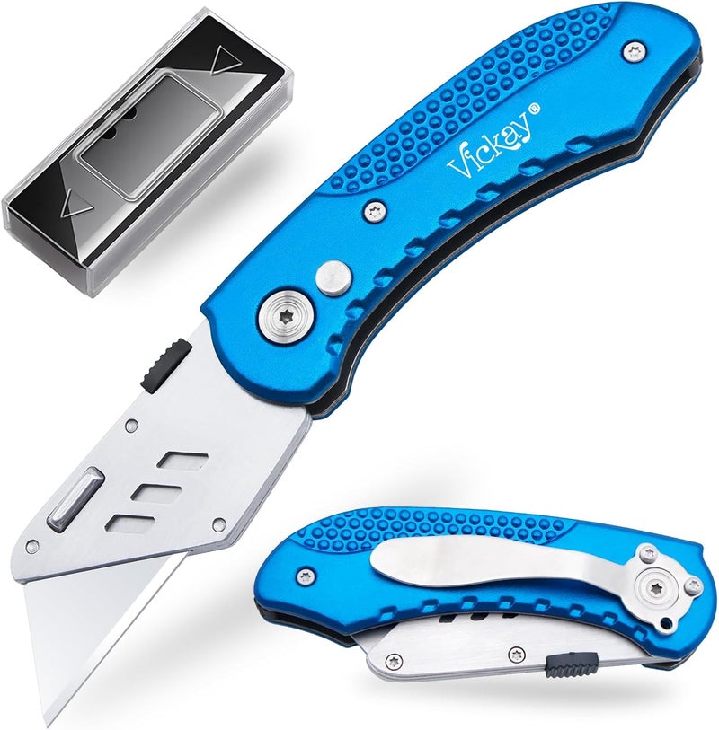 Vickay Folding Utility Knife Heavy Duty Box Cutter with 5 SK5 Quick Change Blades, Safety Axis Lock Design Razor Knife, Lightweight Aluminum Body Belt Clip for Office - Image 1